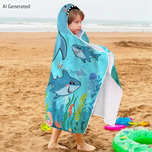 Vista 2 de Bonsai Tree Toalla de playa con capucha de tiburón para niños, toalla de baño con capucha de peces marinos frescos para niños, divertidos animales