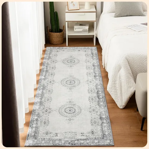 Vista 13 de Istana Alfombra larga antideslizante de 2.5 x 8 para el hogar, para pasillo y cocina, lavable, sedosa y suave al tacto, elegante, color azul y marfil