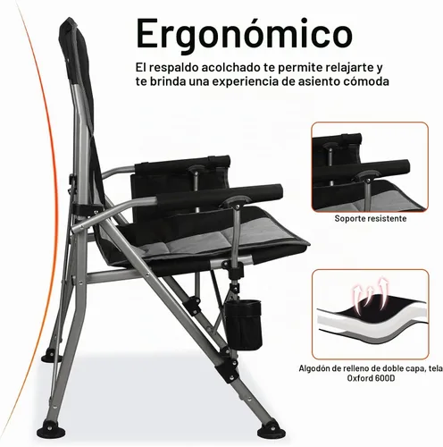 Vista 5 de Silla de camping plegable acolchada con reposabrazos duro, soporte para tazas, resistente para adultos, respaldo acolchado, silla de campamento