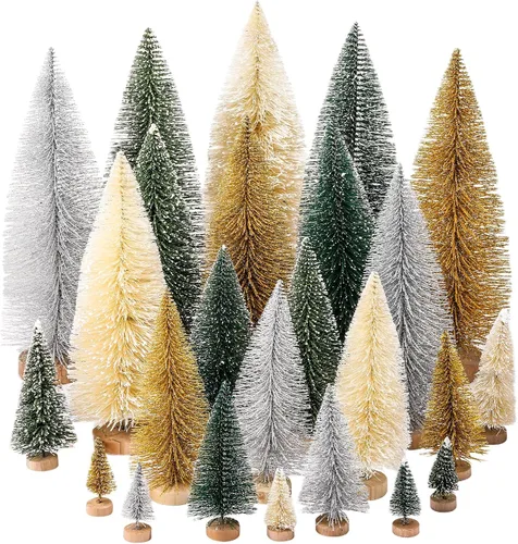 Vista 8 de Geetery 25 piezas de mini árboles de Navidad, árboles artificiales de pincel de botella con base de madera, árbol de Navidad de sisal de pueblo