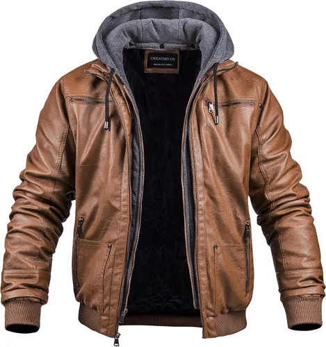 Vista 2 de CREATMO US Chaqueta de piel sintética para hombre, impermeable, resistente al viento, PU con capucha extraíble