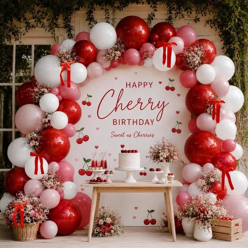 Vista 2 de Kit de guirnalda de arco de globos de cereza roja y rosa doble relleno
