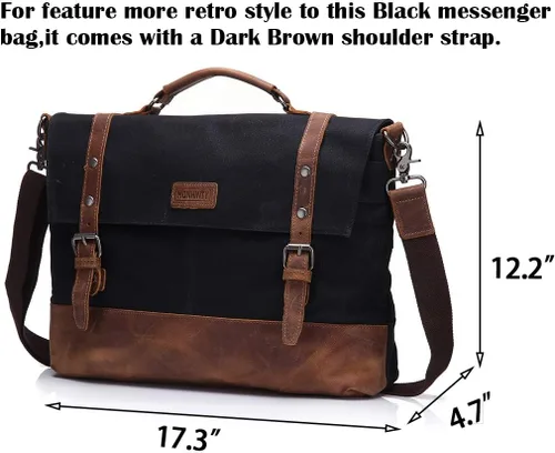 Vista 3 de Bolsa de mensajero para portátil de 15.6 pulgadas para hombres, lona encerada, vintage, de cuero, maletín de negocios, bolsas de hombro impermeables