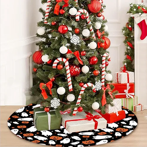 Vista 4 de Falda de árbol de Halloween, falda de árbol de calabazas fantasmas de Halloween, falda de árbol de Halloween de 48 pulgadas, tapete de árbol