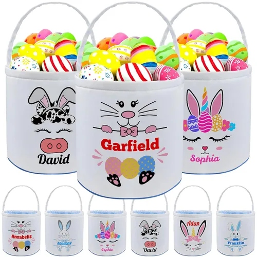 Vista 31 de Cesta de Pascua personalizada con nombre para niños, lona personalizada, cubo de Pascua, regalo para niños y niñas