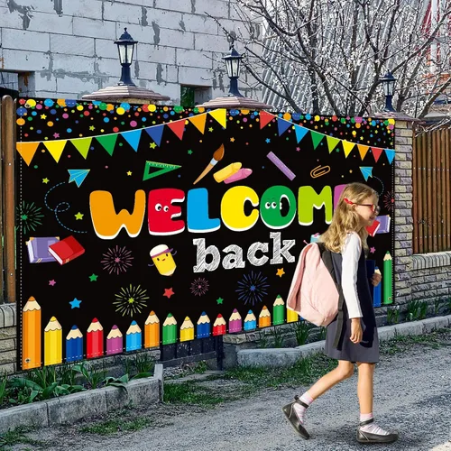 Vista 6 de Tatuo Cartel de bienvenida de vuelta a la escuela, cartel grande de tela para el primer día de escuela, cartel de bienvenida, tablón de anuncios
