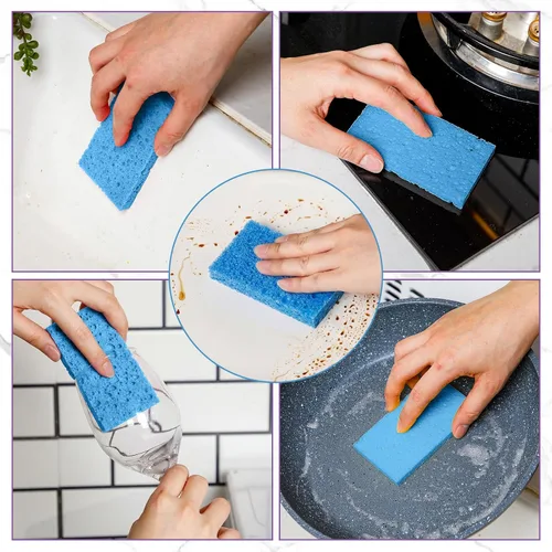 Vista 4 de Zhengmy 48 esponjas a granel, esponjas comprimidas de cocina, esponja natural para platos, limpieza de pulpa de madera comprimida sin rayar para Azul