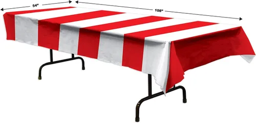 Vista 2 de Beistle Mantel de plástico a rayas rojas y blancas, 54 x 108 pulgadas, 1 pieza - Mantel de plástico, decoraciones de fiesta temática de carnaval