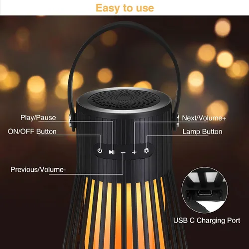 Vista 3 de Altavoz Bluetooth para exteriores con atmósfera de llama, altavoz inalámbrico LED impermeable con antorcha, sonido estéreo, accesorios geniales