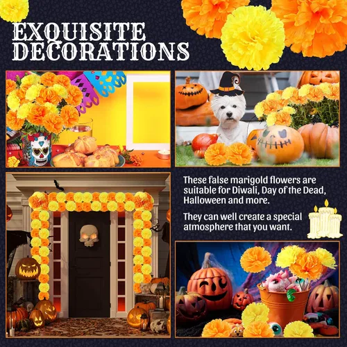 Vista 4 de 100 flores artificiales de caléndula con tallos de 3.5 pulgadas, flor falsa de caléndula de seda para fiesta de Halloween, decoración de altar