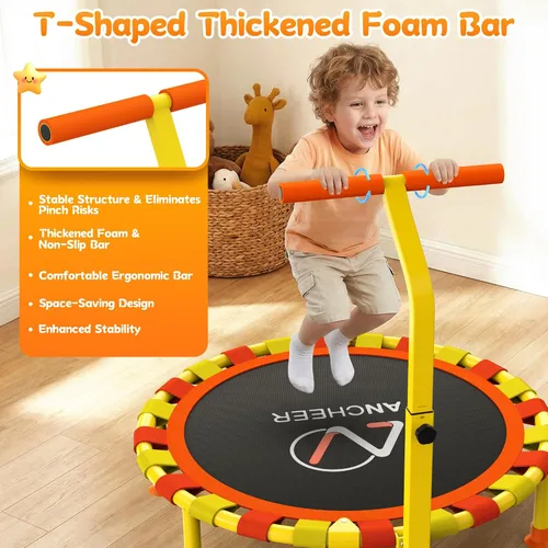 Vista 7 de ANCHEER Trampolín infantil de 38 pulgadas, mini trampolín de capacidad de 150 libras para niños de 1 a 6 años, mango ajustable, plegable y fácil