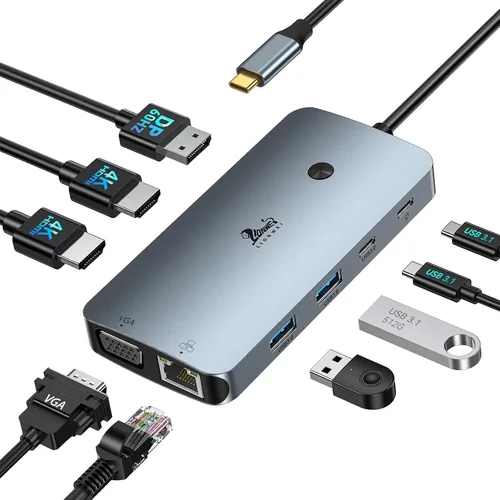 Vista 11 de LIONWEI Estación de acoplamiento para laptop 9 en 1, HDMI dual, 100 W PD, USB C 3.0, Ethernet, audio/micrófono, concentrador USB C para portátiles