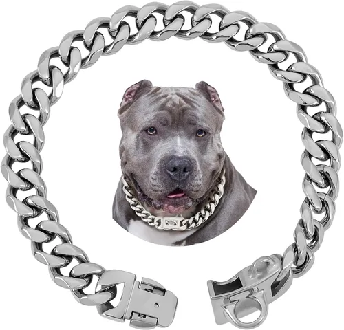 Vista 8 de BAOBOTE Collar de perro de acero inoxidable dorado de 0.59 pulgadas con cadena de eslabones cubanos resistente a prueba de mordidas, collar