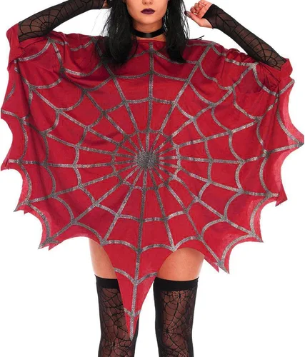 Vista 6 de Capa de Halloween para mujer, poncho gótico de telaraña para cosplay, escenario, fiesta, disfraz de Halloween para mujer Negro