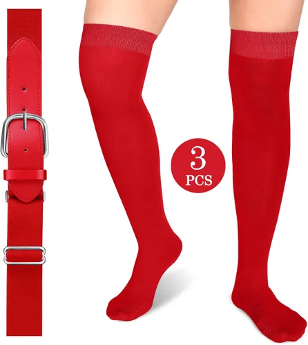 Vista 5 de Hicarer Juego de 3 pares de calcetines de fútbol por encima de la rodilla, calcetines de béisbol extralargos, calcetines de sóftbol con cinturón