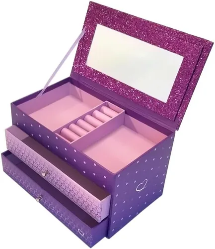 Vista 2 de Joyero morado con purpurina para niñas con espejo y compartimentos, 8.5 x 5 x 5 pulgadas