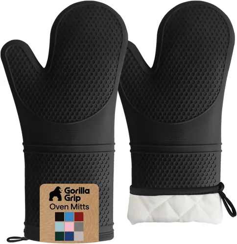 Vista 31 de GORILLA GRIP - Juego de guantes de horno de silicona suave sin BPA, guantes de cocina resistentes al calor e impermeables, forro de algodón grueso