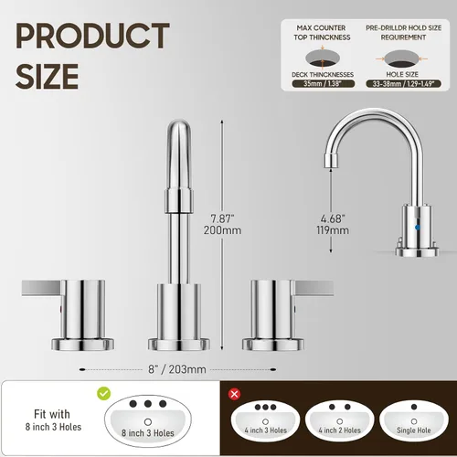 Vista 3 de Phiestina Grifo de baño cromado extendido de 8 pulgadas con 3 orificios, grifo de tocador de baño de 2 manijas con desagüe emergente de metal