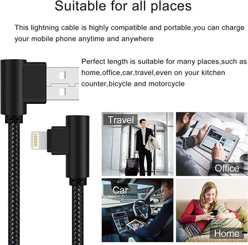 Vista 6 de Cargador para iPhone de 3 pies con certificación MFi, paquete de 3 cables Lightning trenzados de nailon de 90 grados, cable de carga en ángulo recto