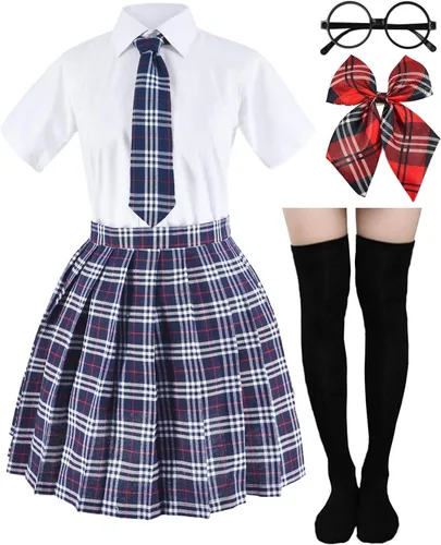 Vista 9 de Uniforme escolar japonés de tartán con falda plisada para cosplay con calcetines y set de montura de gafas