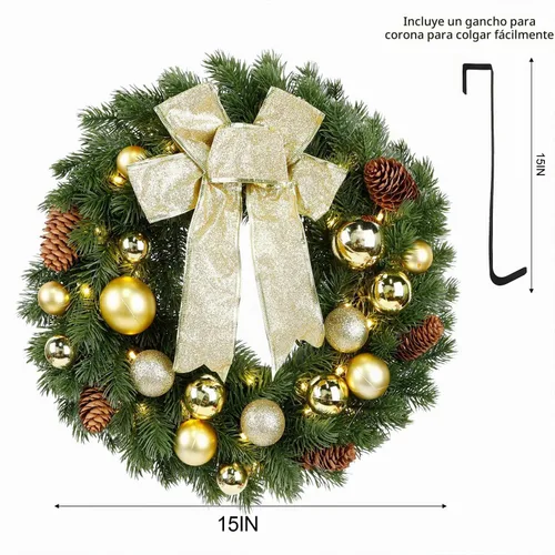 Vista 3 de Hausse - Corona de Navidad iluminada con colgador de metal, corona de Navidad pre-iluminada con lazo dorado grande y bolas, funciona