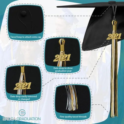 Vista 3 de Endea Graduation Borla mixta de triple color con gota de fecha dorada (negro/dorado/blanco, 2021)