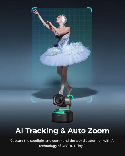 Vista 10 de OBSBOT Tiny 2 - Cámara web 4K con control de voz PTZ, seguimiento por IA en modos múltiples y enfoque automático, cámara web con sensor de 1/1.5