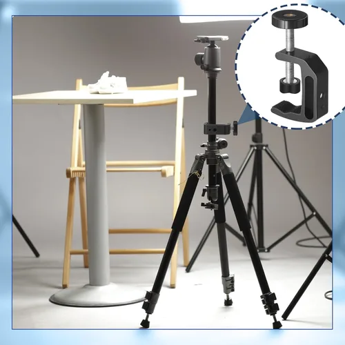 Vista 5 de Hicarer Abrazadera universal C con orificio de rosca de 1/4 y 3/8 pulgadas, abrazadera de soporte de aluminio para mesa de escritorio, soporte