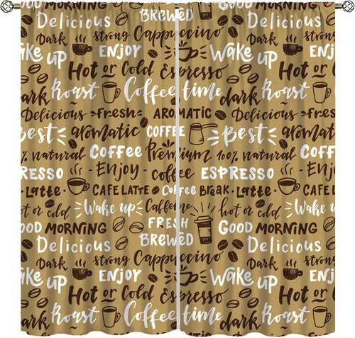 Vista 9 de Cortinas de cocina con temática de café, juegos de 2 paneles, 42 x 45 pulgadas, patrón de fiesta de té para decoración de café Estilo-5