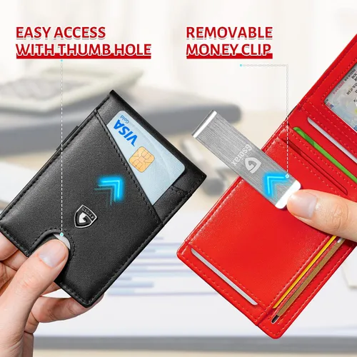Vista 64 de GSOIAX Cartera delgada de cuero plegable RFID para hombre, billetera minimalista con bolsillo frontal con clip para dinero, 12 ranuras para Negro