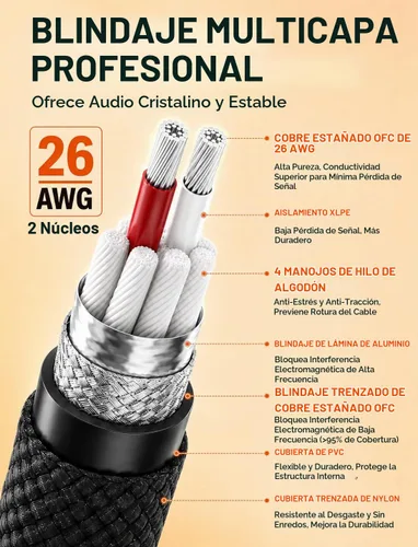 Vista 2 de VIOY Cable de micrófono XLR de 6.6 pies, cable de micrófono macho a hembra, cable equilibrado de 3 pines - cable de extensión XLR trenzado de nailon
