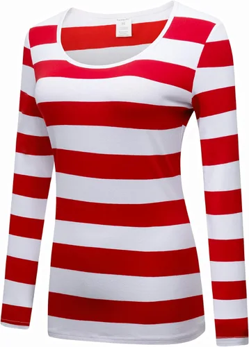 Vista 2 de Formeet17 Camiseta de manga larga a rayas para mujer, elástica, cómoda, cuello redondo