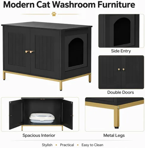 Vista 7 de Homhedy Gabinete para Caja de Arena para Gatos, Muebles de Baño para Gatos con Marco de Metal, Casa para Mascotas, Se Adapta a la Mayoría de Cajas
