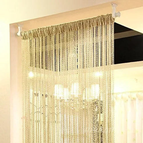 Vista 7 de Cortina de cuerda para puerta, hilo plano de cinta plateada con borlas, divisor de habitación, 39 x 79 pulgadas (beige-estilo 2)