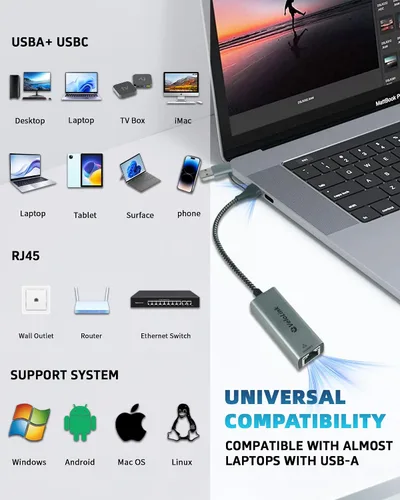 Vista 5 de Adaptador Ethernet a USB, 1 Gbps USB a RJ45 Gigabit LAN, USB 3.0 Ethernet compatible con 10/100/1000 Mbps. Compatible con portátiles, PC, Mac