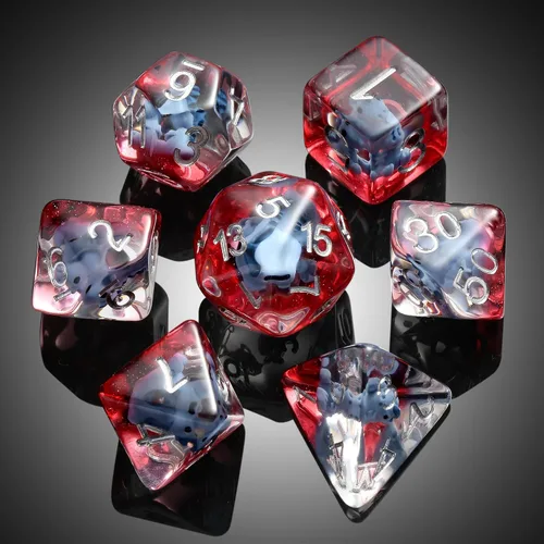 Vista 6 de DNDND Juego de 7 dados DND con temática de dinosaurio bebé, dados poliédricos de resina con números de Sivler para Pathfinder de Calabozos
