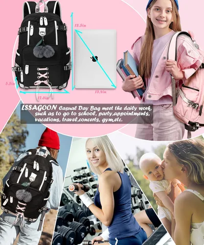 Vista 8 de Mochila para mujeres, adolescentes, niños y niñas, resistente al agua, casual, para laptop con puerto de carga USB, bonita bolsa para viajes