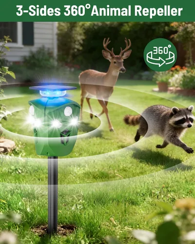 Vista 2 de Repelente solar de animales de 360° para patio y jardín, sin sensor de movimiento de punto ciego para mantener alejados a ciervos, mapaches y gatos