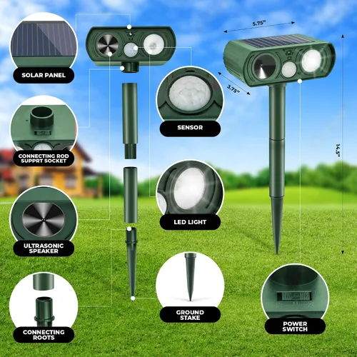 Vista 3 de Repelente ultrasónico de animales alimentado por energía solar, sistema de detección de movimiento impermeable, patio, granja, jardín, disuasorio al