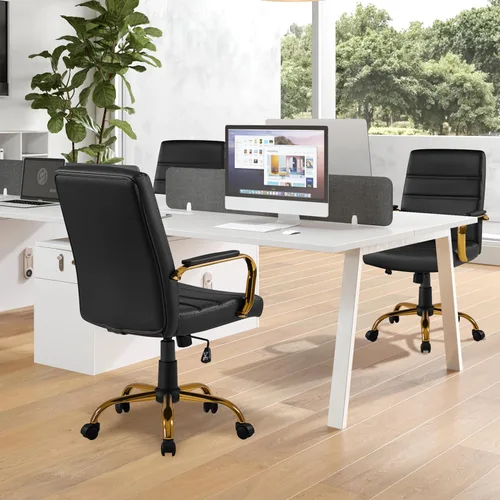 Vista 2 de Yaheetech Silla de Oficina de Respaldo Medio de Cuero PU Silla de Escritorio Ejecutiva Ajustable con Soporte Lumbar Patas Doradas Asiento Negro