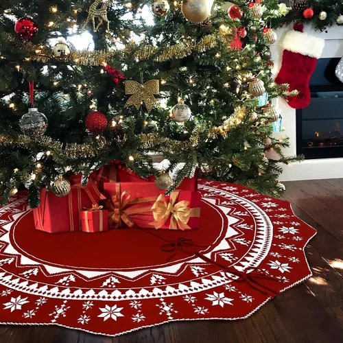 Vista 8 de OurWarm Falda de árbol de Navidad de 60 pulgadas, falda de árbol de punto rojo con patrón de flor de pascua, falda rústica de doble cara para árbol