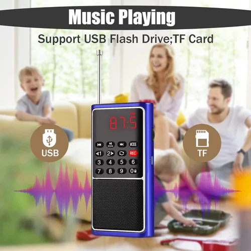 Vista 9 de Leting Radio FM portátil, altavoz MP3 con tarjeta TF/grabación USB, batería recargable de emergencia, la mejor recepción (azul)