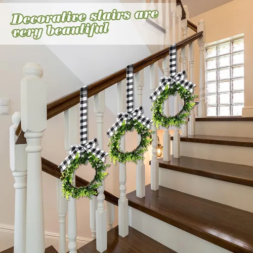 Vista 6 de 6 Piezas Coronas Pequeñas de Navidad para Gabinete de Cocina 9" Mini Coronas Artificiales de Boj de Navidad con Lazo de Cinta Decoración de Fiesta