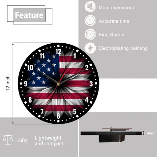 Vista 2 de SPUNKER Reloj de pared con bandera estadounidense, reloj de pared de cocina con bandera estadounidense, reloj de día de la independencia de 10