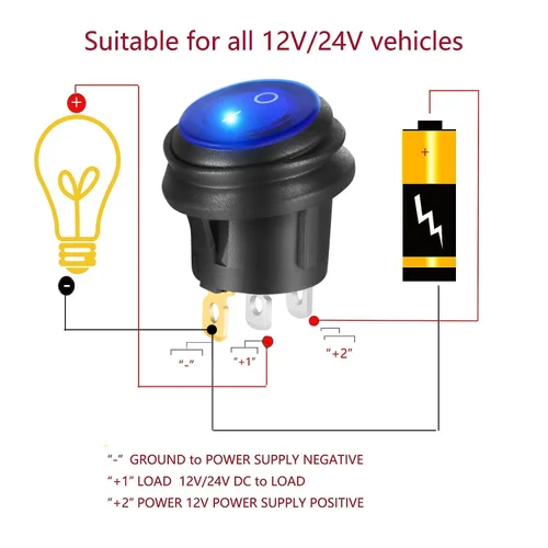 Vista 5 de Interruptores basculantes redondos de encendido y apagado impermeables SPST de 3 pines 12V 20A con luz azul iluminada, interruptor eléctrico
