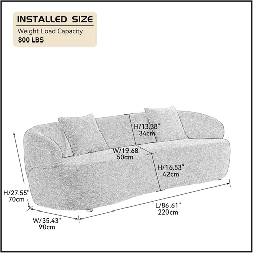 Vista 2 de WILLIAMSPACE Sofá curvado moderno de 86.6 pulgadas, sofá boucle tapizado en la parte trasera con dos almohadas, sofá de tela de 3 asientos para sala