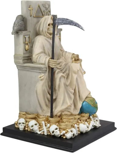 Vista 4 de Ebros Túnica blanca Santa Muerte Santa Muerte Hueso Sagrado Madre sentada en el trono con guadaña Estatua Patrón de Protección Sanación Pureza