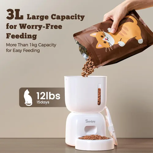 Vista 4 de Sandpoy Alimentador automático para gatos y dispensador de agua FW1, dispensador de comida para gatos de 3 litros con tapa de bloqueo, juego dos