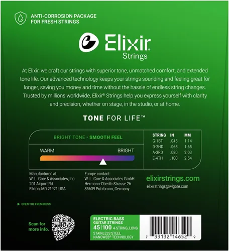 Vista 2 de Elixir, Cuerdas para bajo eléctrico, acero inoxidable, NANOWEB, 4 cuerdas