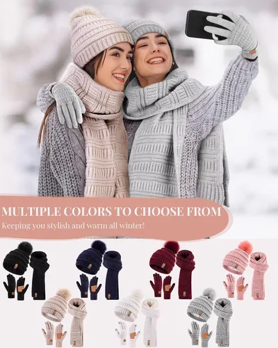 Vista 7 de Conjunto de guantes y bufanda de invierno para mujer, gorro de pompón con forro polar cálido, bufanda de punto larga, guantes para pantalla táctil